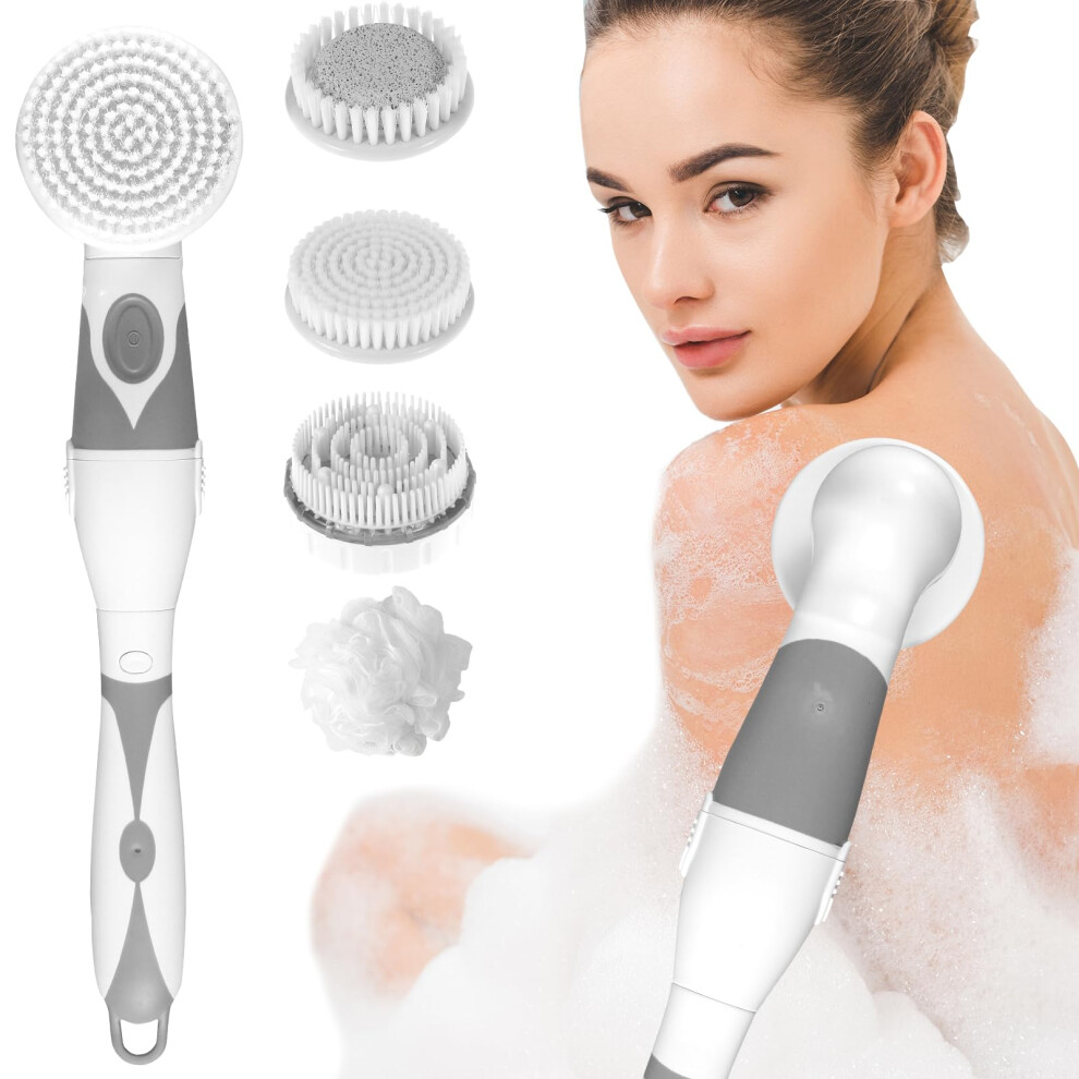 Electric Body Brush with Long Handle, 4 Heads, IPX6 Waterproof Shower Scrubber for Exfoliation
