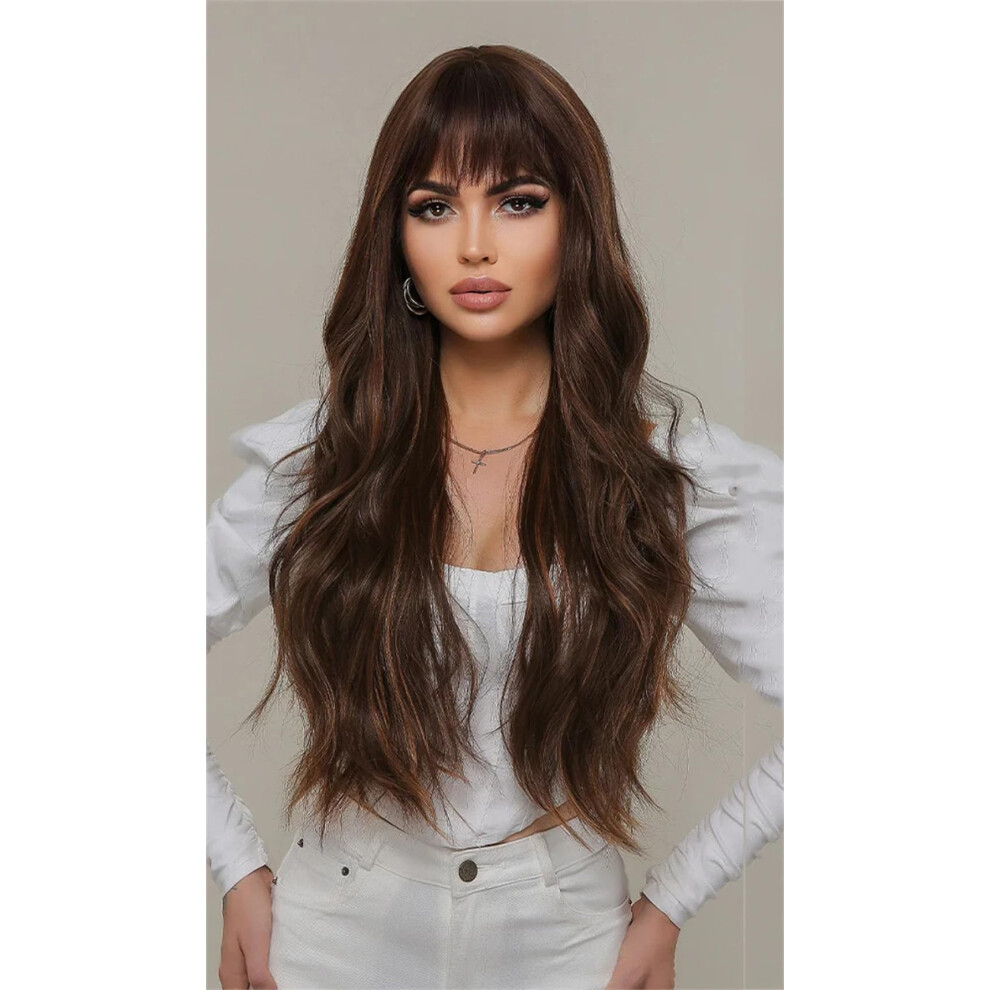 Ombre Brown Blonde Synthetic Wig with Bangs, 28 Inch Long Wavy Heat Resistant Wig for Women