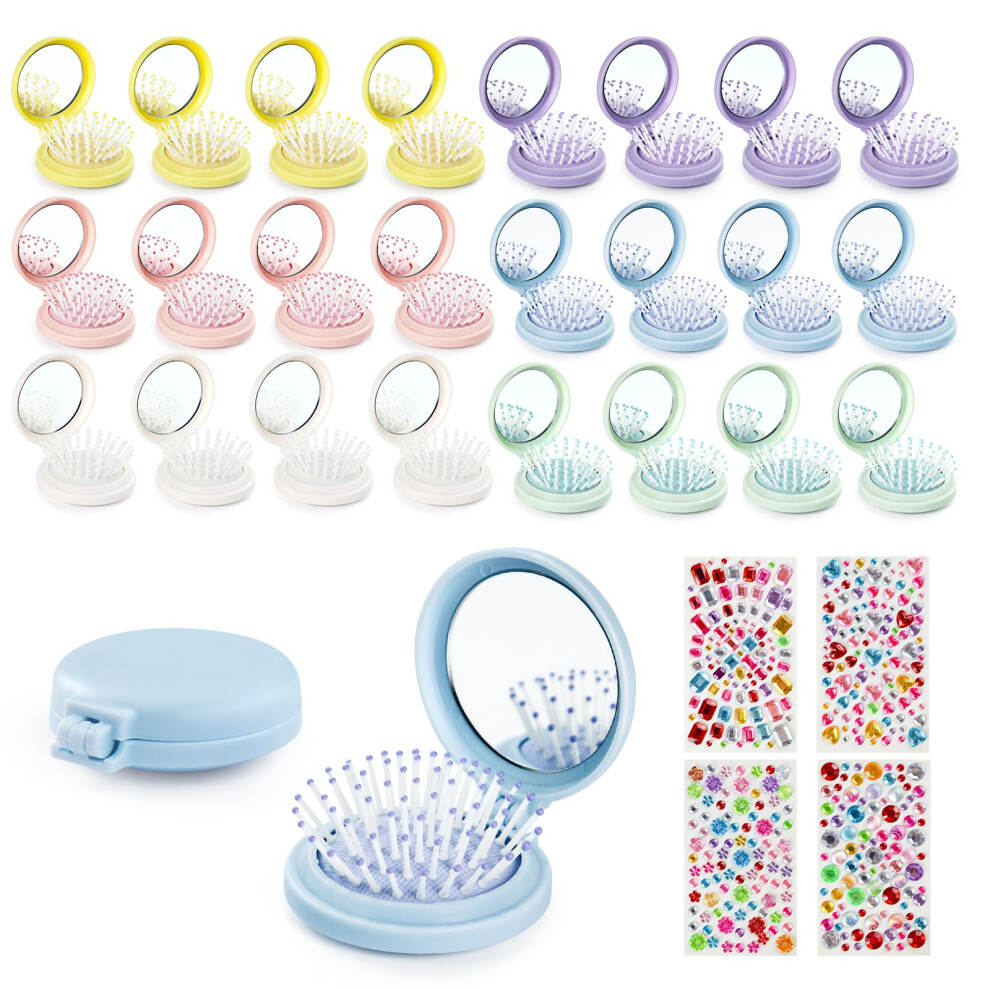24 Pack Foldable Travel Hair Brush with Mirror, Compact Round Pocket Comb for Purse, 6 Colors
