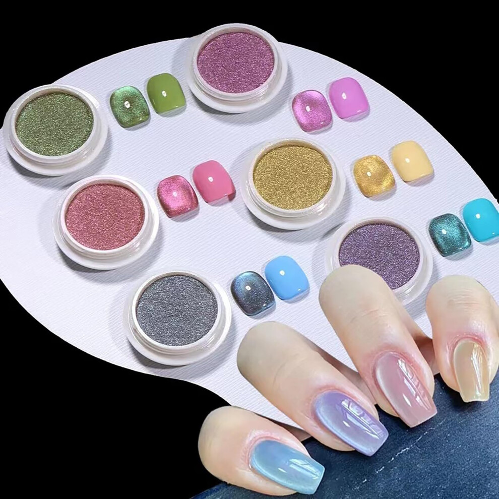 Cat Eye Nail Powder Set with Holographic Chrome Effect, Mirror Glitter Pigment for Manicure, 6 Colors