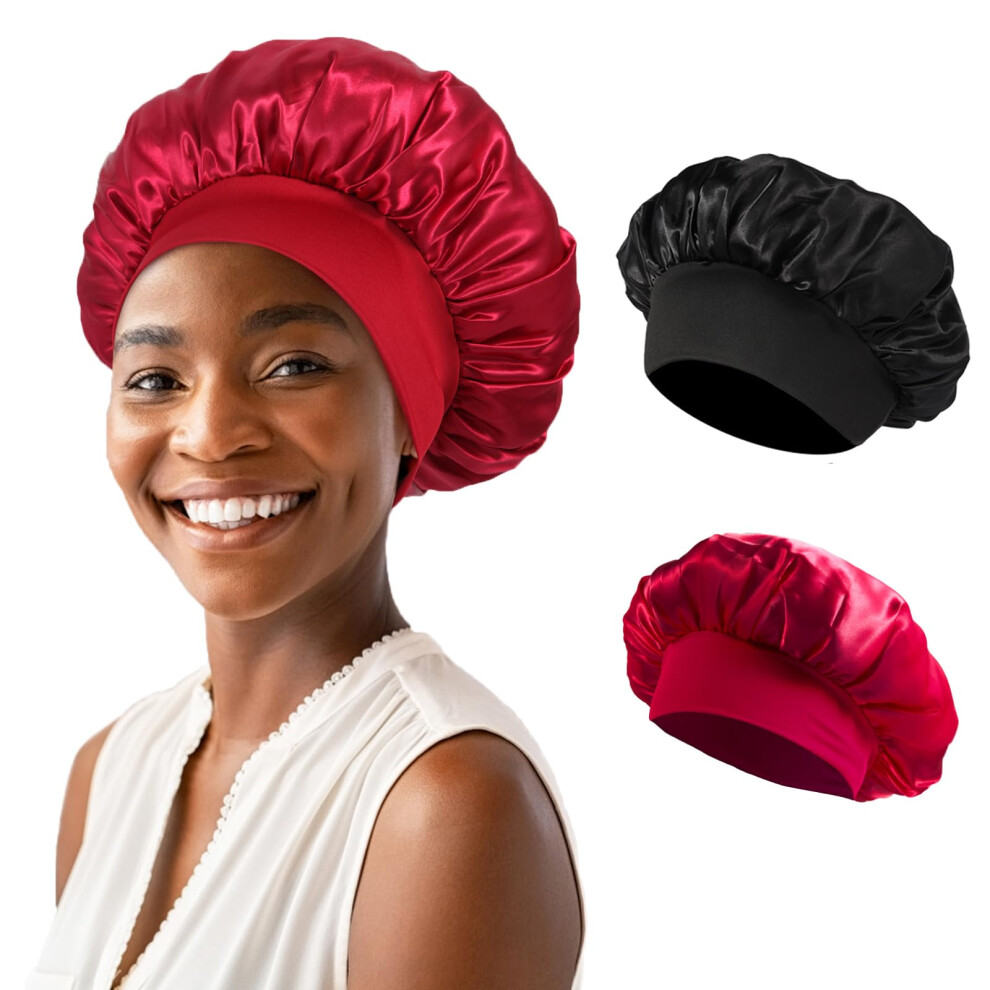 2PCS Satin Hair Bonnet for Sleeping Women, Moisture Retention, Frizz Reduction and Style Preservation