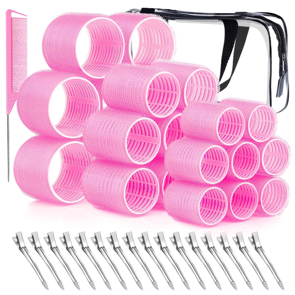 Hair Rollers Heatless Curlers Set, 42Pcs Multiple Sizes with Clips Comb and Storage Bag Pink
