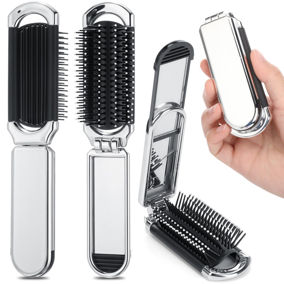 4 Pcs Folding Hair Brush with Mirror Compact Travel Comb Set for Purse Gym Car and Home Silver