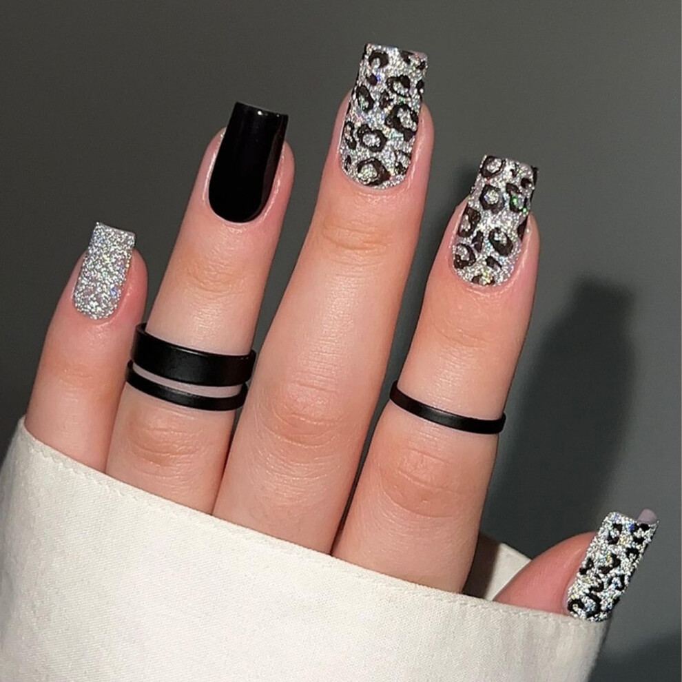 Black Leopard Print Press On Nails 24Pcs Medium Square And Silver Glitter Fake Nails Reusable Kit
