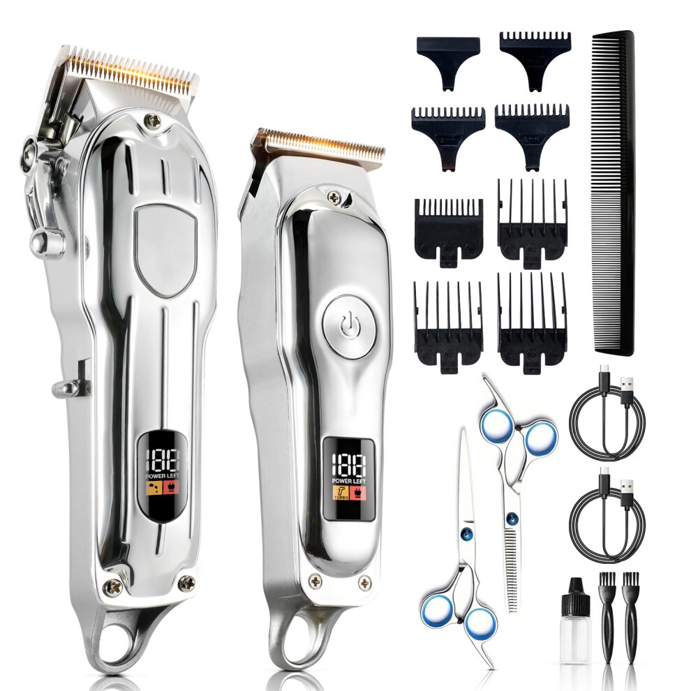 Silver Hair Clippers For Men Cordless Haircut Kit With Scissors Comb Guide Combs Stainless Steel Blades Set