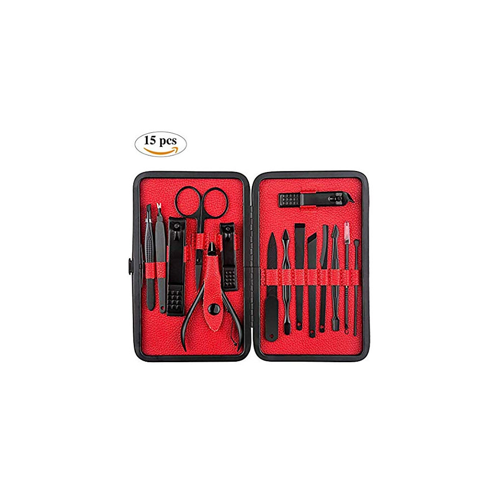 Black/Red Manicure Pedicure Set 15In1 Stainless Steel Nail Clippers And Scissors Kit With Travel Case