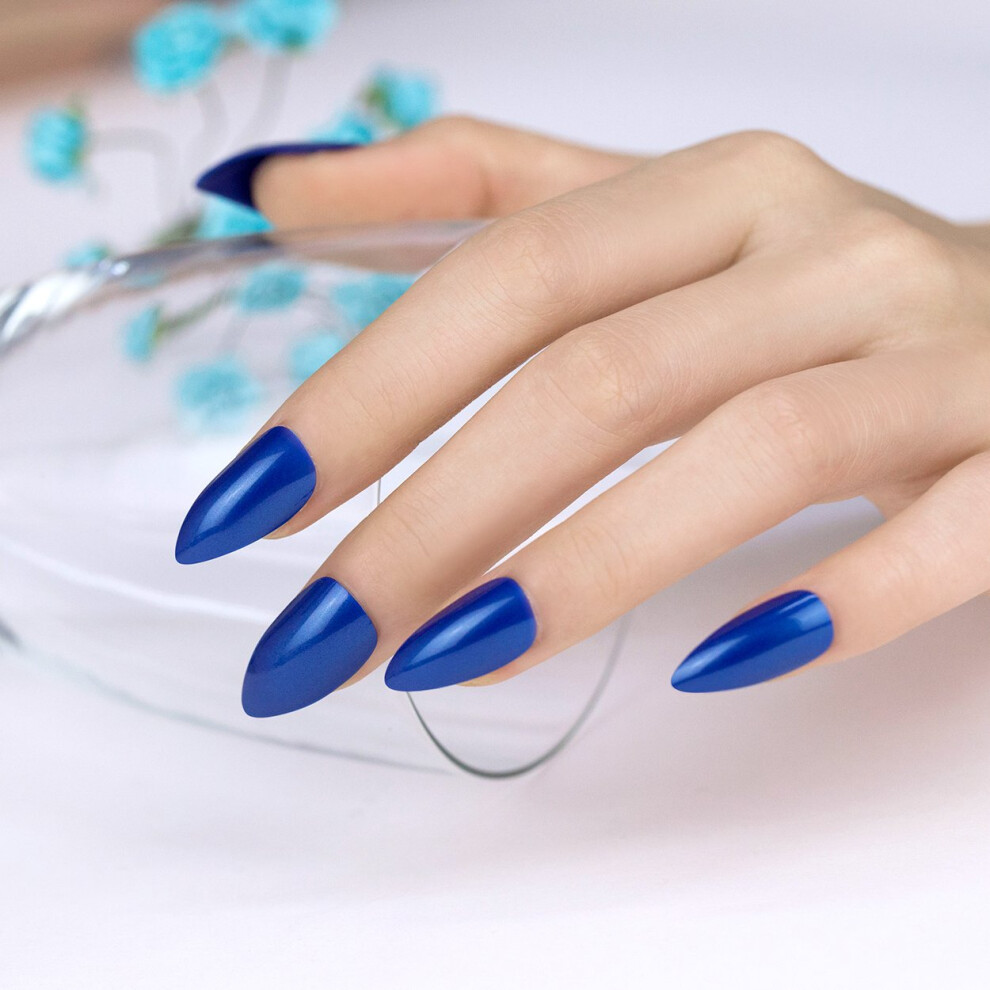 Blue Royal Shimmer Stiletto False Nails With Glue, 3Pack Full Cover Press On Nails Kit