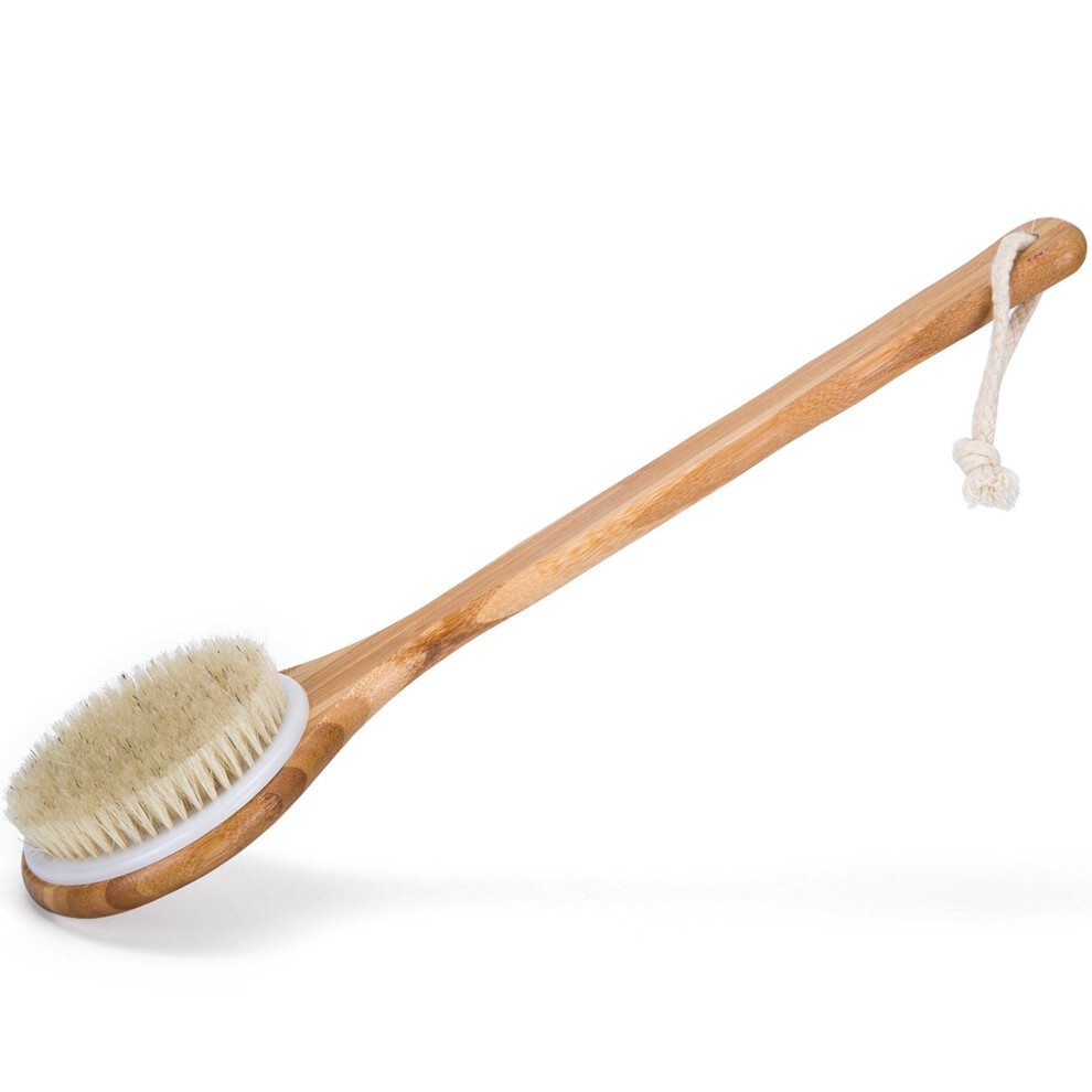 Natural Bristle Body Brush with Long Wooden Handle for Back Scrubbing, Cellulite and Exfoliation