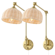 Set of 2 Rattan Wrapped Swing Arm Wall Sconces, Vintage Adjustable Bedside Light, Plug in or Hardwired