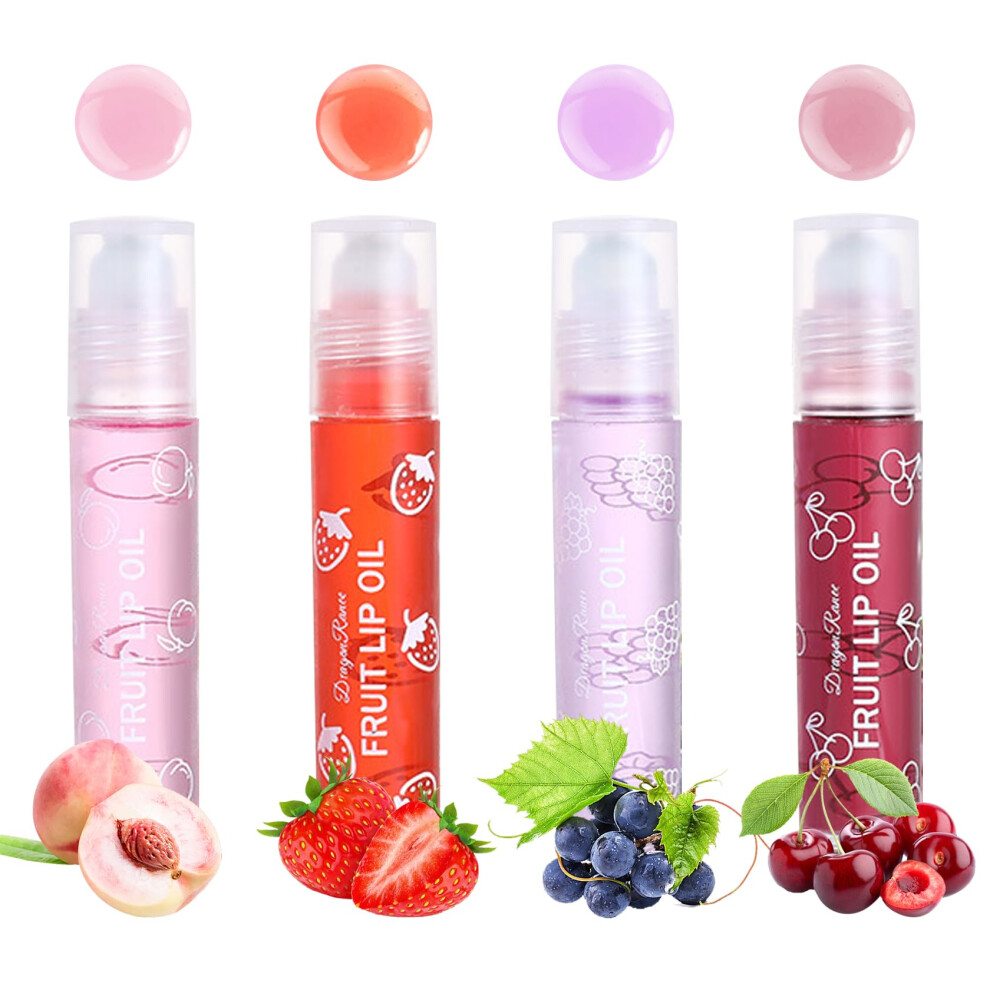 4PCS Hydrating Roll On Lip Oil Set with Non Sticky Plumping Gloss, Fruity Flavors, Ready to Gift