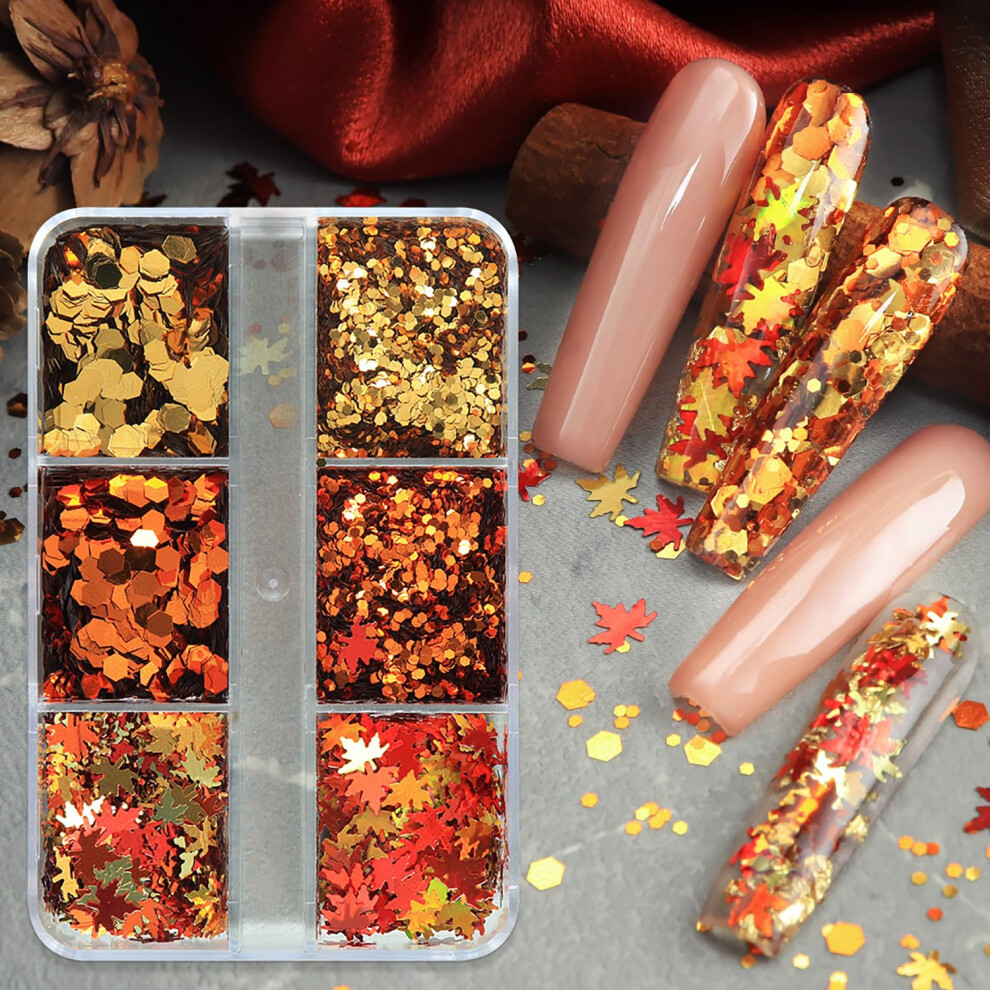 6 Grid Autumn Maple Leaf Nail Art Glitter Sequins Set for Thanksgiving UV Gel Manicure Decor