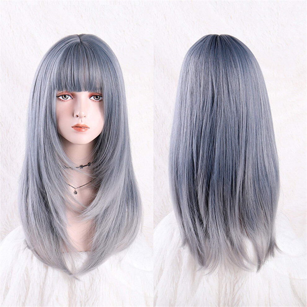 Unisex Blue Women's Synthetic Wig Long Straight Gray Gradient With Bangs Heat Resistant Natural Silky Texture
