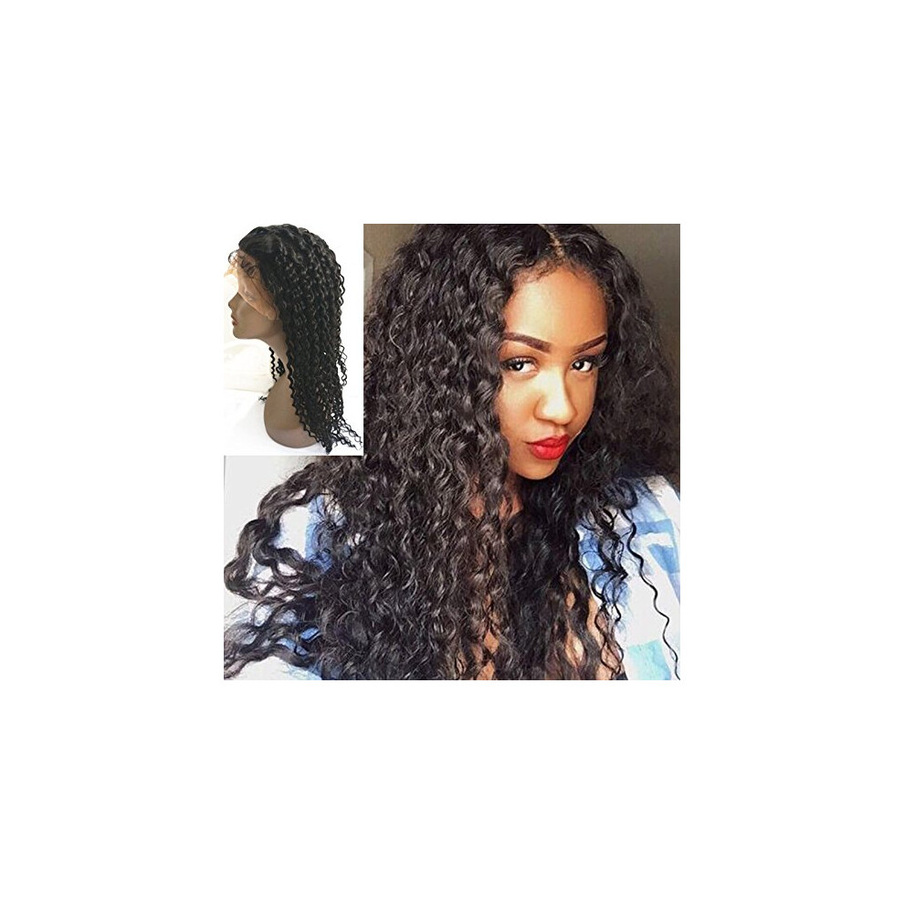 Unisex Black Brazilian Virgin Curly Human Hair Full Lace Wig Glueless Silk For Women 16In #1B