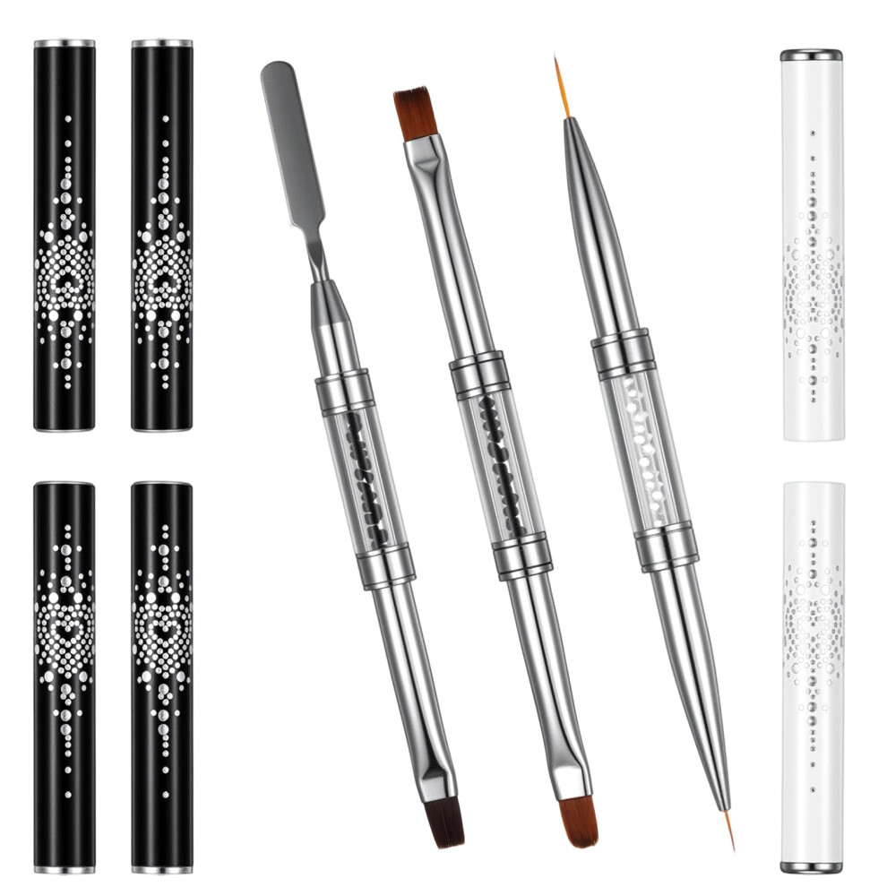 3PCS Nail Art Brush Set with DualEnded Gel Nail Brush, Rhinestone Handle, French Manicure Tools