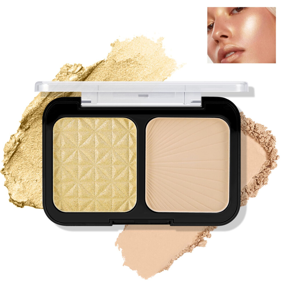 Highlighter Palette and Concealer Powder 2 in 1, Waterproof Longwear Oil Control Shimmer Glow