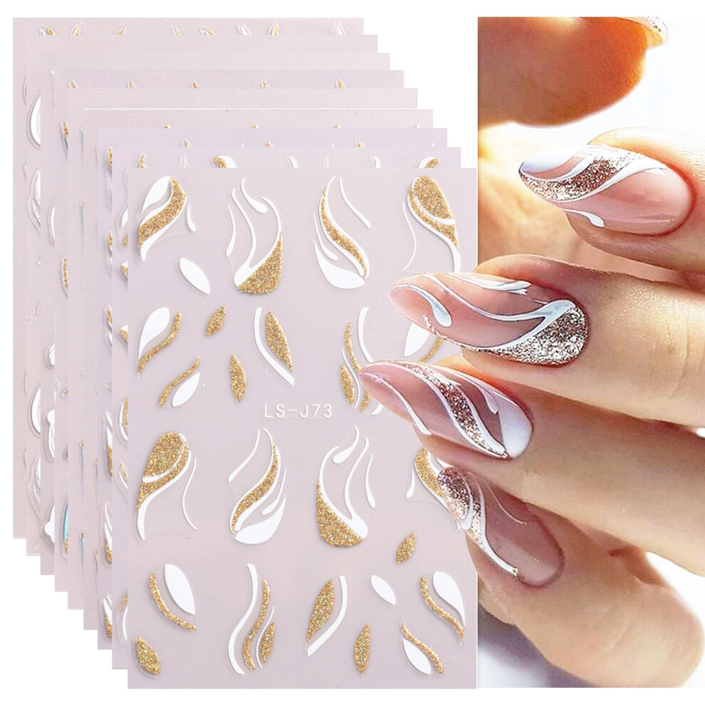 French Tip Nail Art Stickers with Glitter Waves Lines 3D Stripe Decals for Easy DIY Salon Manicure 9PCS