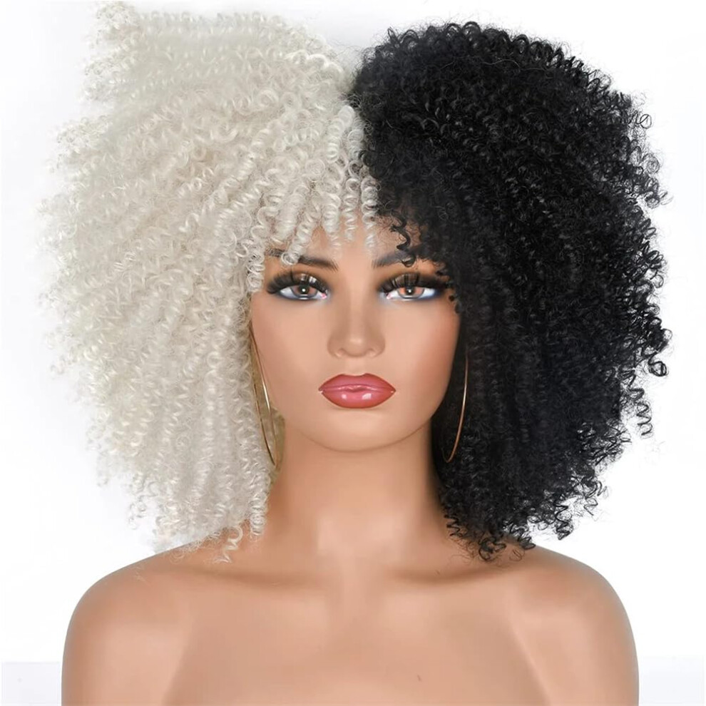 14 Inch Afro Kinky Curly Wig with Bangs for Black Women, Heat Resistant Synthetic Fiber 1B60