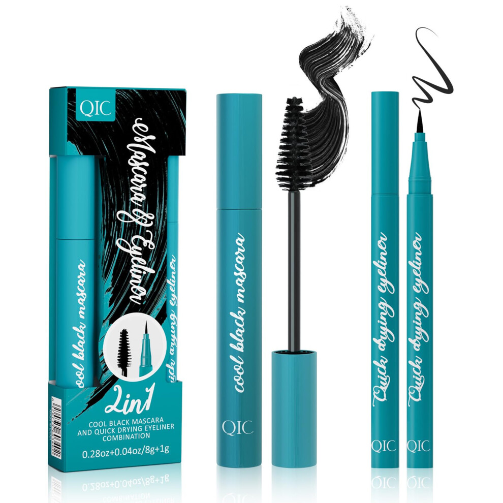 Black Waterproof Mascara And Liquid Eyeliner Set, Smudge Proof Long Lasting Volumizing Curl,