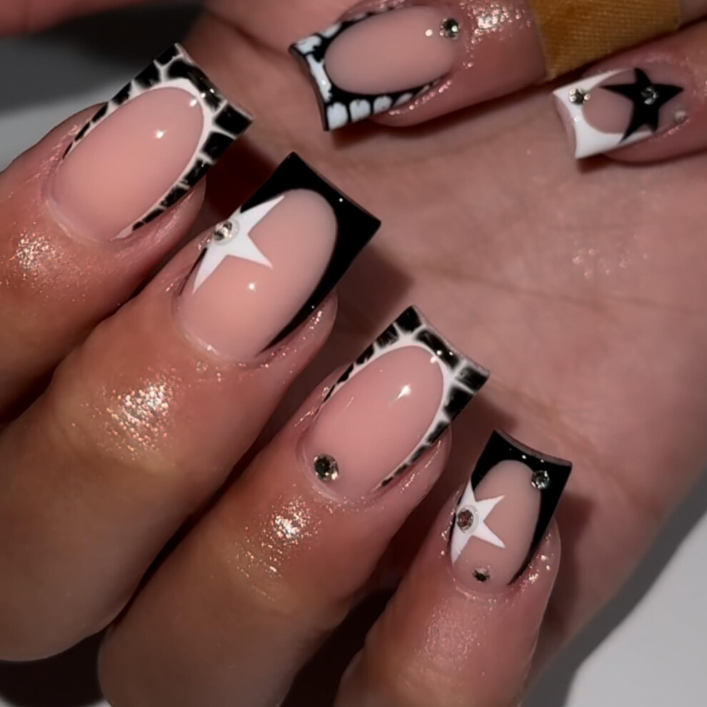 Square Press On Nails with Rhinestones White and Black Fake Nails with Stars 24pcs Medium