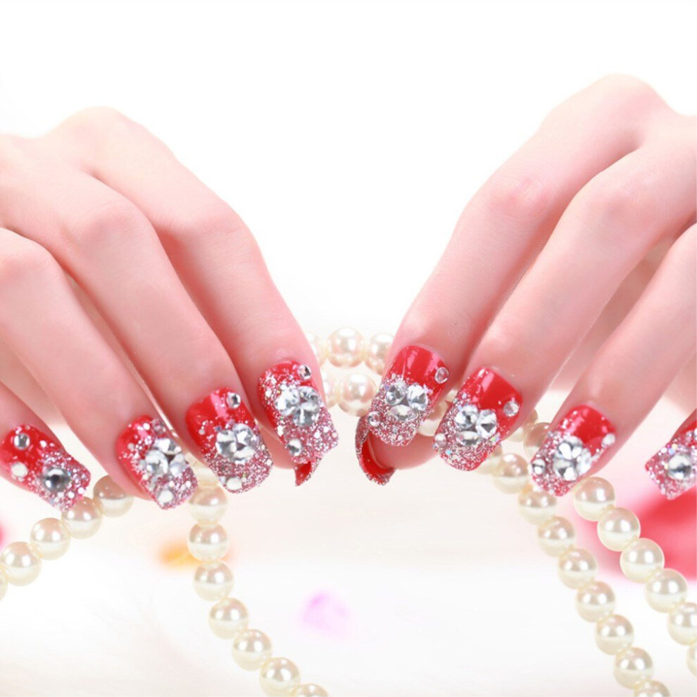 Bridal False Nails with Rhinestones and Pearls, 24pcs Transparent Press On Set, Full Coverage