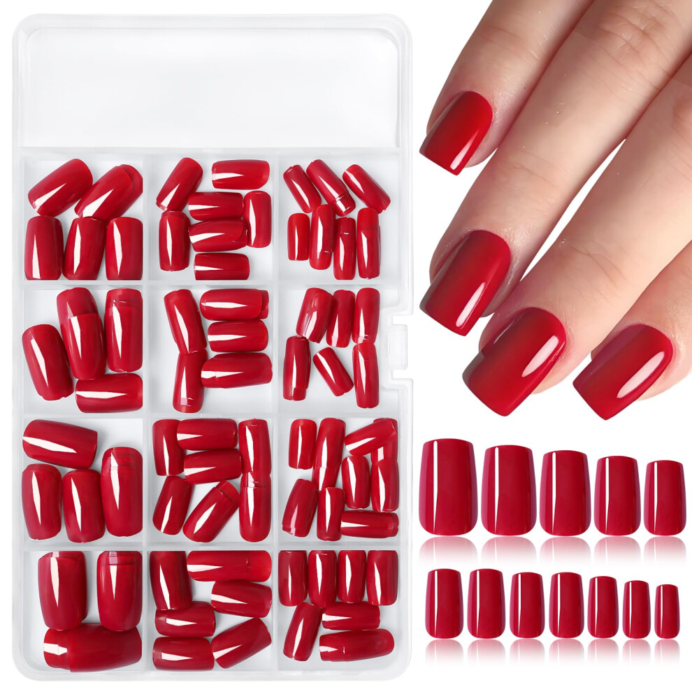 Red 240Pc Square Press On Nails Medium Length Acrylic False Nails With Glue Tabs For Women Girls