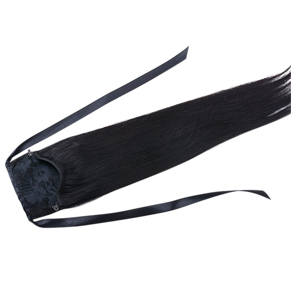 Unisex Black Natural Human Hair Ponytail Extension, 40Cm Silk Straight Clip In Hairpiece