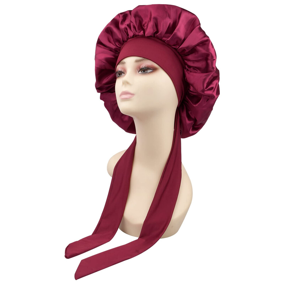 Unisex Red Satin Sleep Cap For Women Silk Hair Bonnet Adjustable Elastic Frizz Night Cap