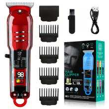 Cordless Hair Clippers with Transparent Design, LED Display, Long Battery Life, Sharp Steel Blades, Red