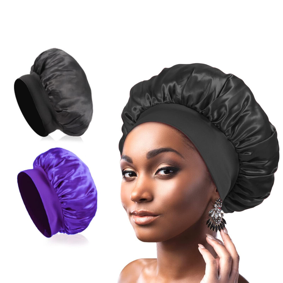 2Pcs Satin Bonnet for Sleeping with Breathable Fabric, Silk Hair Bonnet for Curly Hair Frizz Control