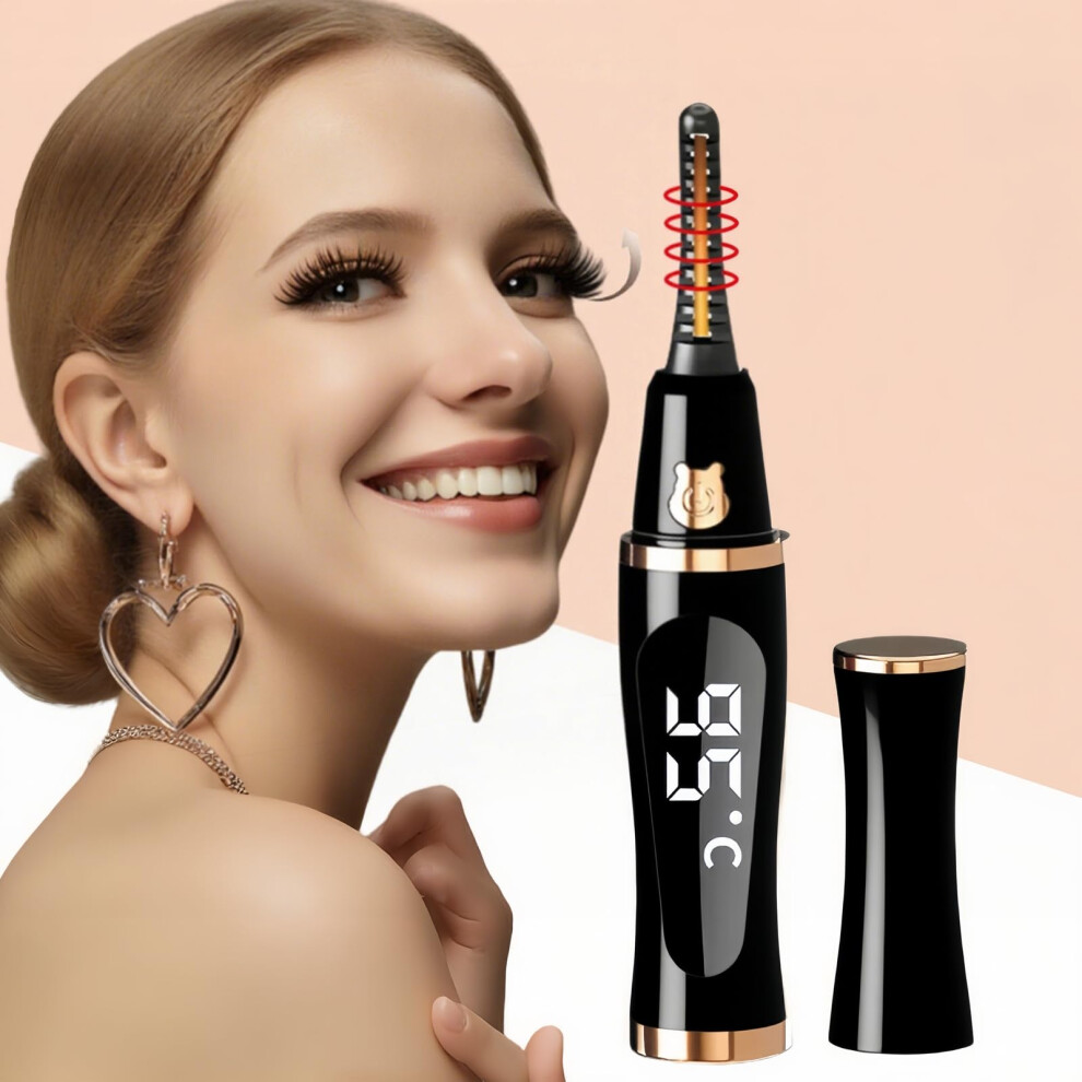 Black Heated Eyelash Curler With Led Display, Fast 5S Heatup, Usb Rechargeable, 3 Temp Modes,