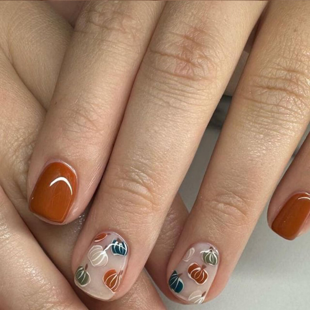 Fall Press On Nails Short Square Matte Acrylic Fake Nails with Pumpkin Design Thanksgiving 24Pcs