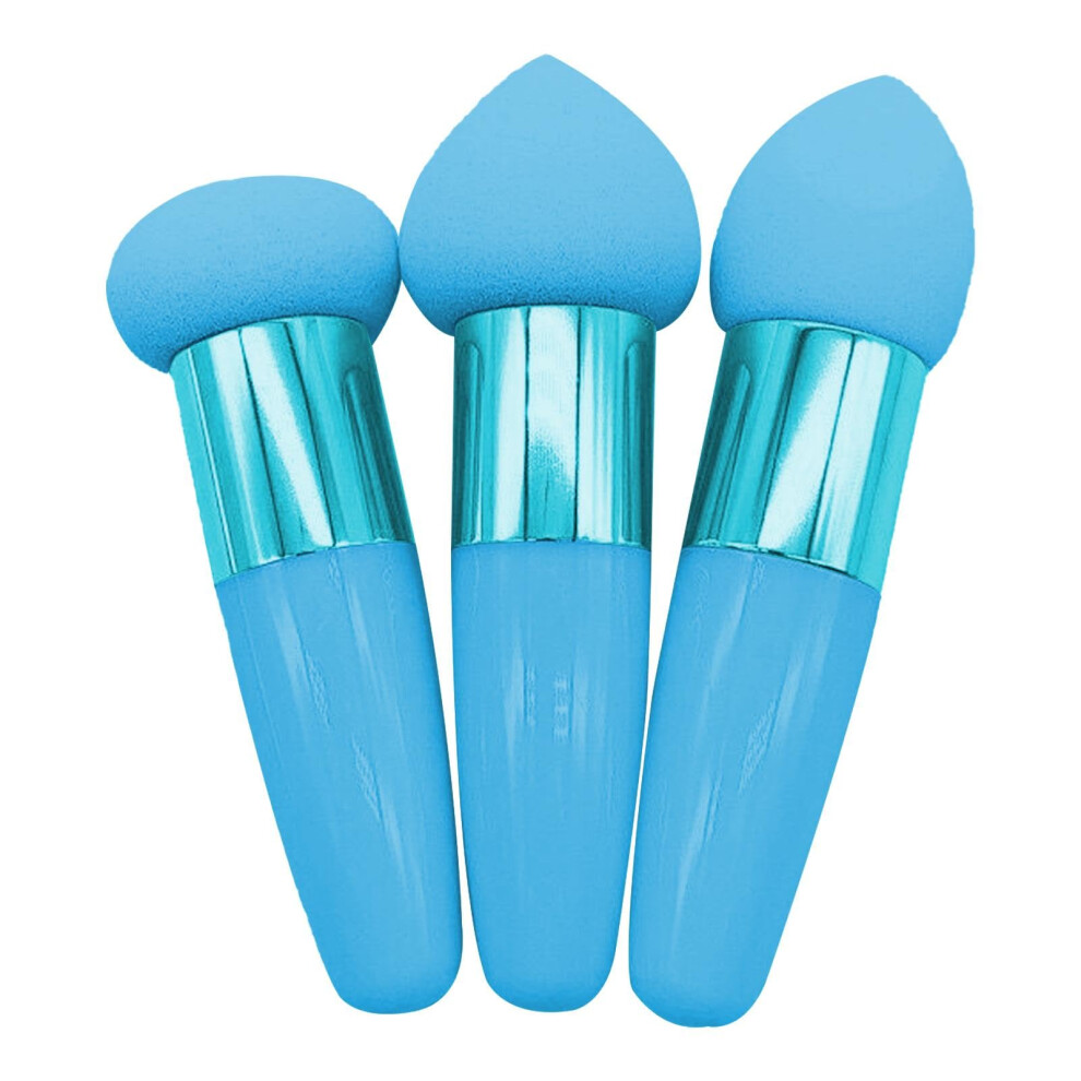 Blue Makeup Sponge Set With Handles For Flawless Blending, Wet And Dry Use Foundation Sponges, 3Pcs