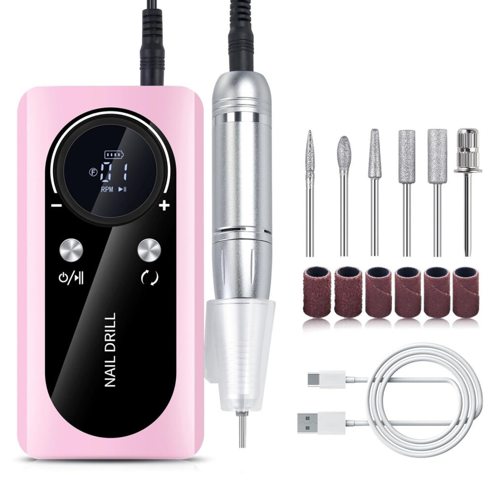 Pink Electric Nail Drill 45000Rpm Cordless Rechargeable With Lcd Display For Acrylic And Gel Nails