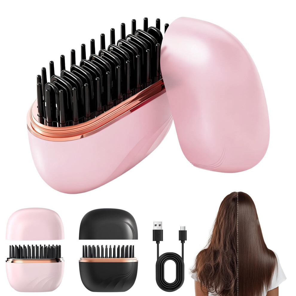 Pink Cordless Rechargeable Hair Straightener Brush With 3Temp Control, Antiscald, Travel Mini