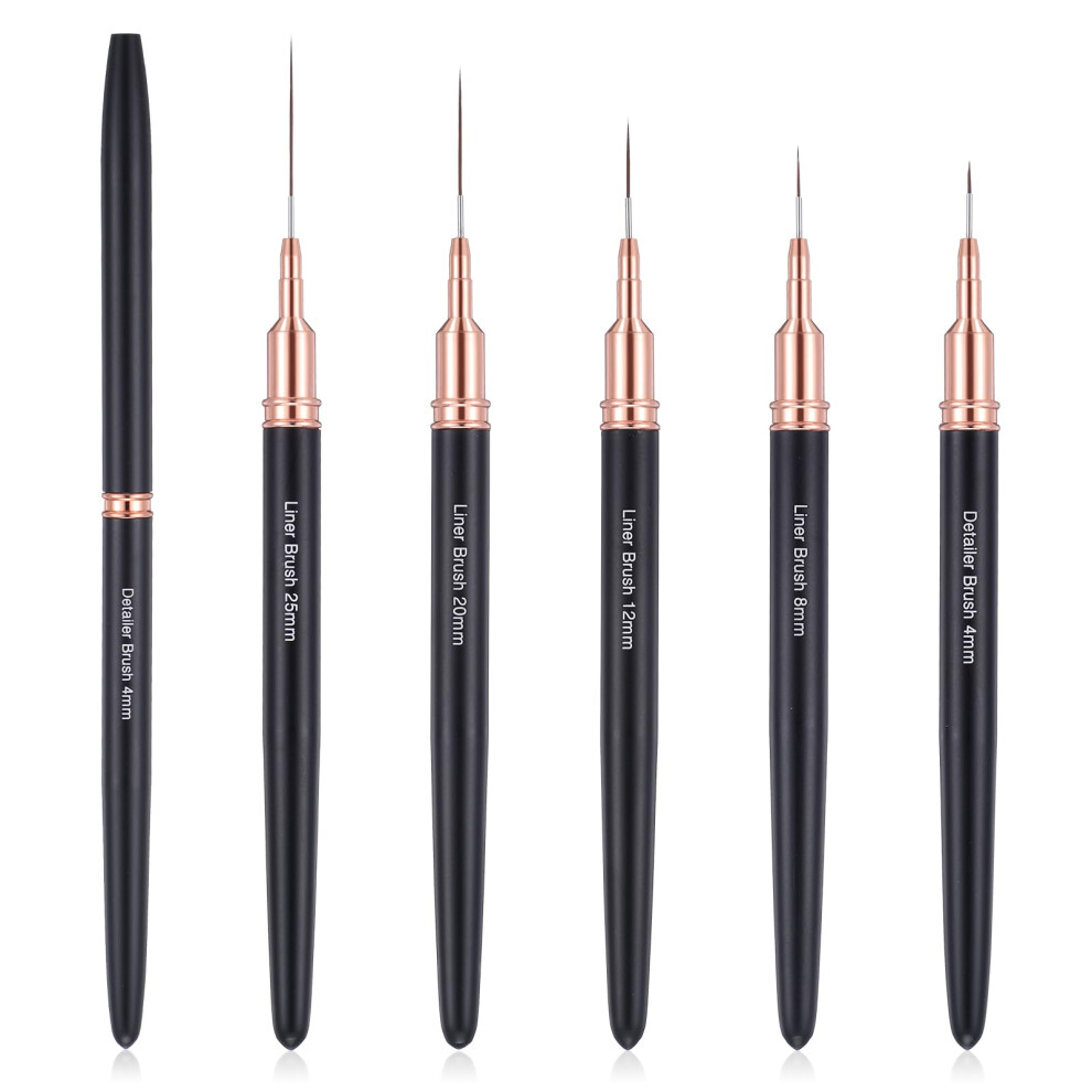 Professional Nail Art Brush Set with Fine Detail Nail Liner Brushes for Precision Manicure Painting 5 Pack Black