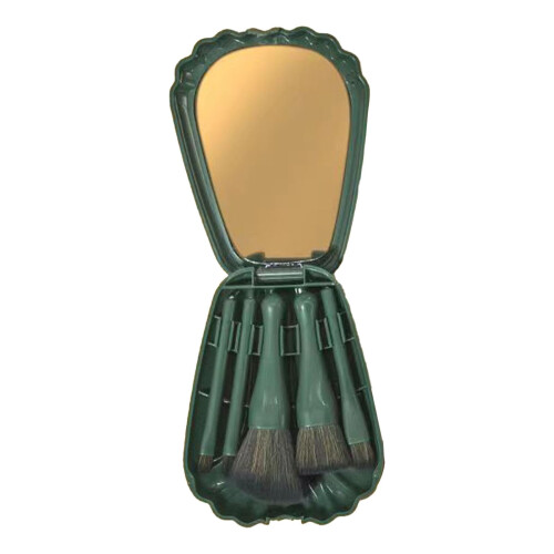Travel Makeup Brush Set with Mirror, Compact Shell Design, 5 Soft Synthetic Brushes, Blue
