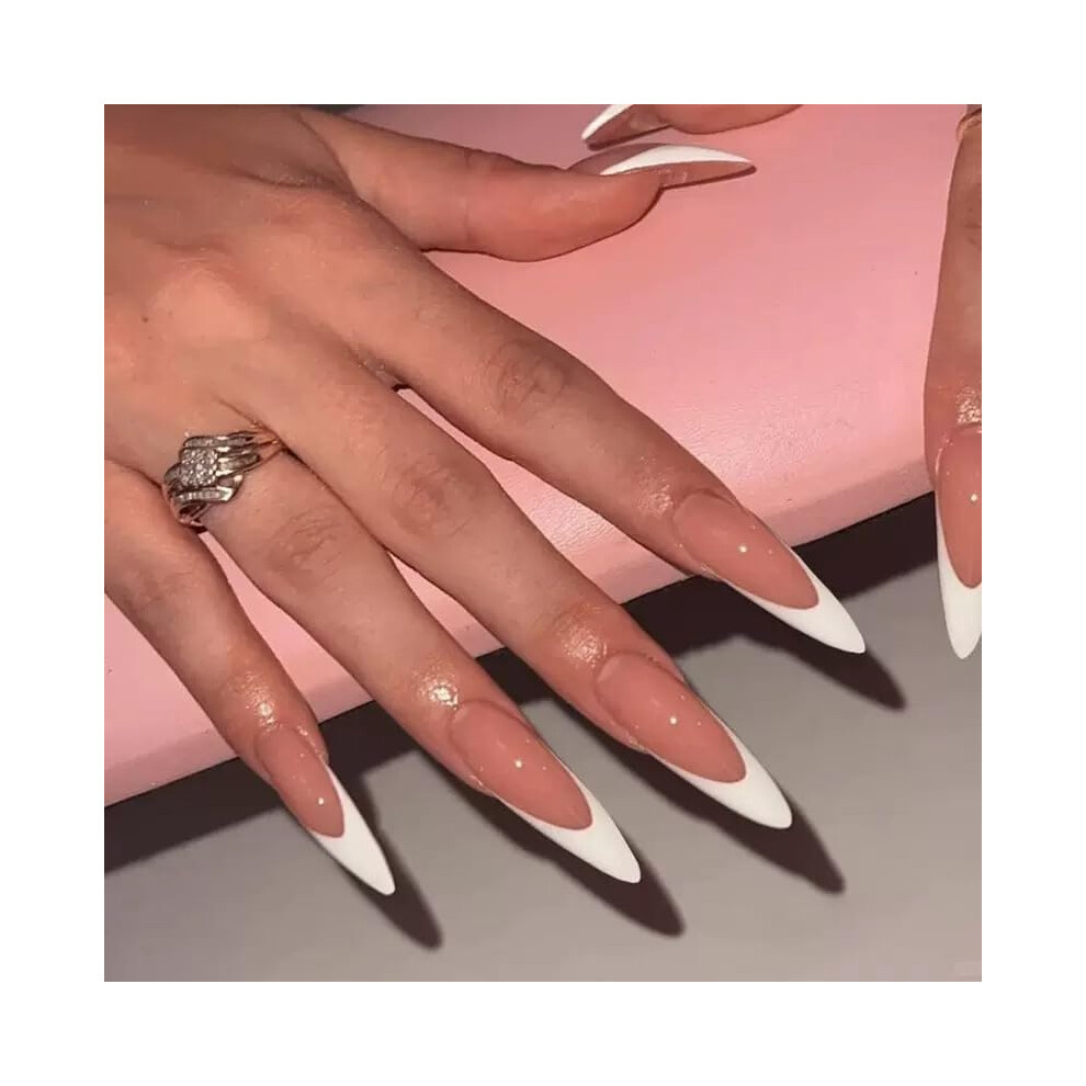 Long Stiletto French Tip Press on Nails, Reusable Nude and White 24pcs Set for Women Parties