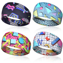 4Pcs Vintage Headbands with Retro Neon Design, Sweatbands for Women and Men, 80s 90s Party Fitness