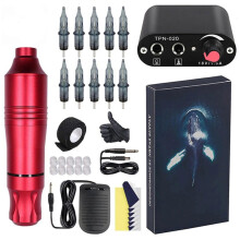 Tattoo Pen Kit with Ergonomic CNC Body, Low Noise Rotary Motor, Power Supply and Needles, Red
