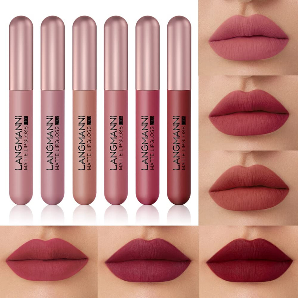 Cream Matte Liquid Lipstick Set 6 Colors Velvet Finish Long Lasting Rich Pigment Nude Shades Gift