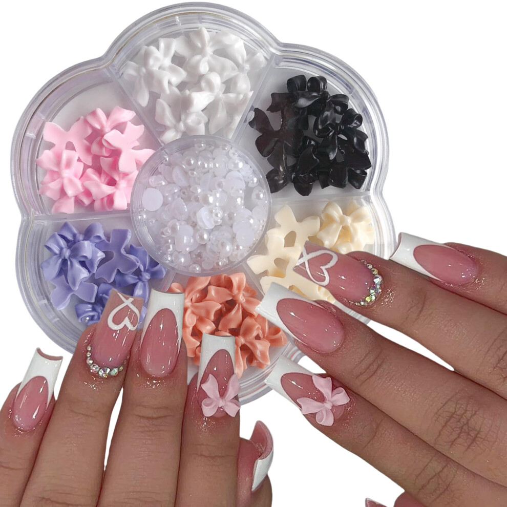 6 Colors 3D Bow Knot Nail Art Charms with Pearls and Rhinestones for Acrylic Nails Manicure