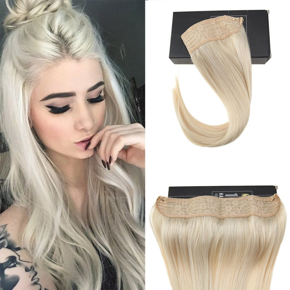 Unisex Silver 18 Inch Platinum Blonde Halo Hair Extensions Human Hair 80G Invisible Design Instant Length & Volume