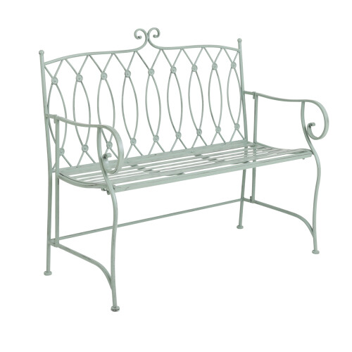 Charles Bentley Decorative Wrought Iron Outdoor Rustic Bench Garden 2 Seater with Elegant Curved Armrest - Sage Green