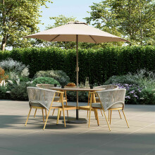 CHARLES BENTLEY 4 Seater Dining Set, Outdoor, Wood Effect, Rope Weave, Dining Set, Weather Resistant, UV Protected, 4 Stackable Chairs, Easy Storage,