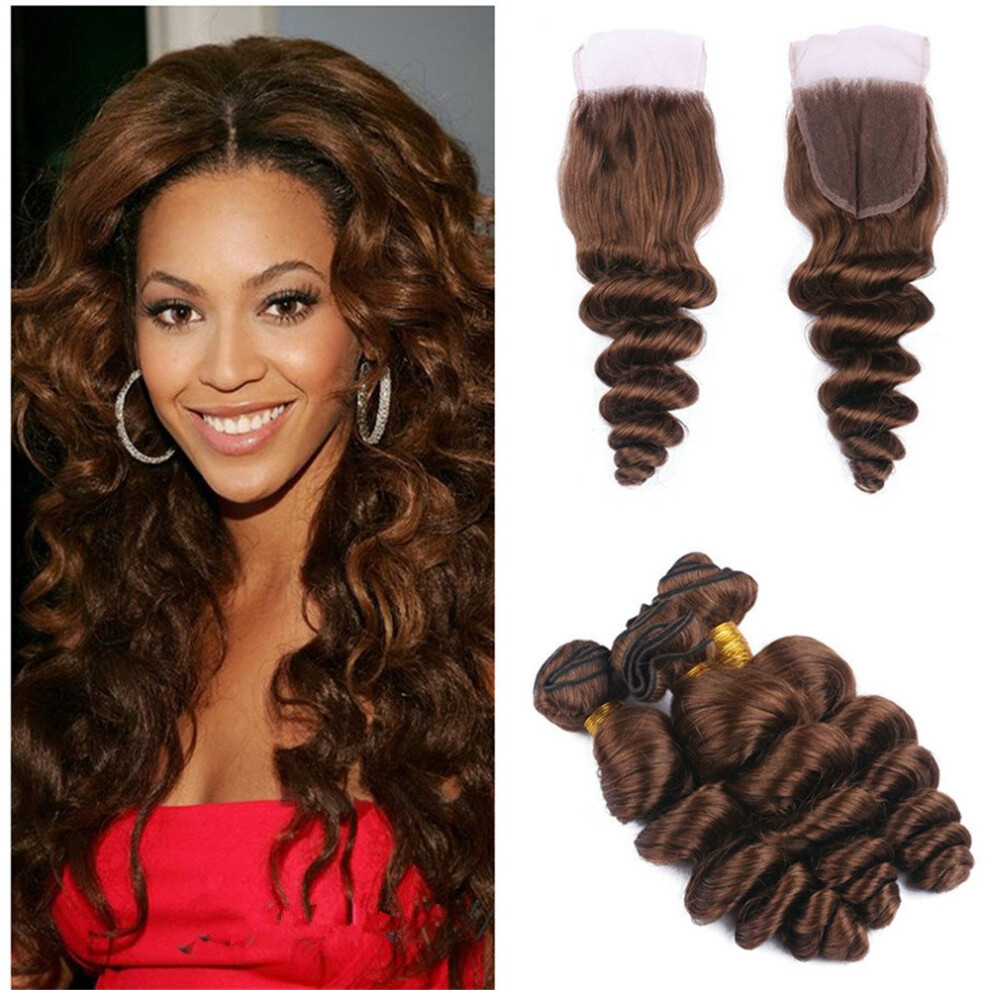 Unisex Brown Brazilian Virgin Human Hair Loose Wave Bundles With Closure Middle 16 18 20 22 Inch
