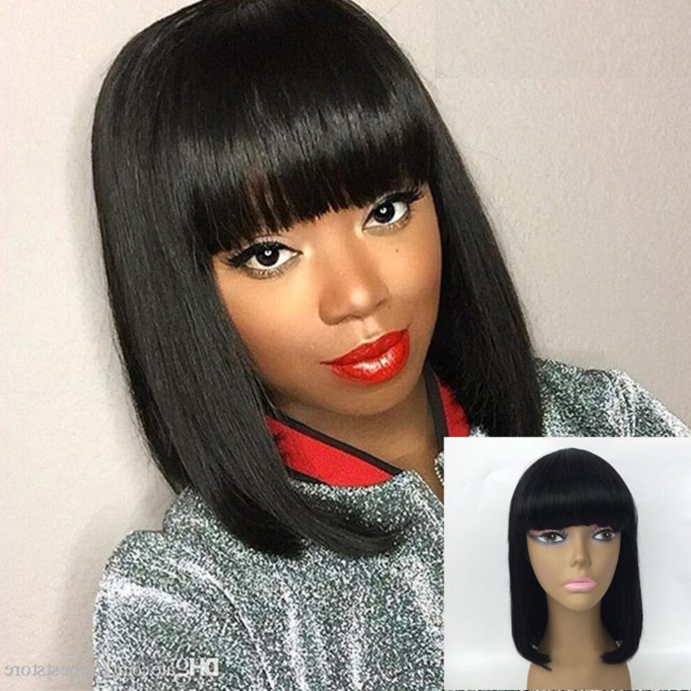 Unisex Brazilian Virgin Human Hair Bob Wig With Bangs 12 Inch Straight Glueless Natural Hairline Design