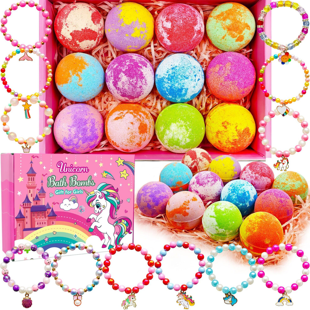 Unicorn Bath Bombs for Girls with Surprise Bracelet, Kids Birthday Gift, Fruity Scents