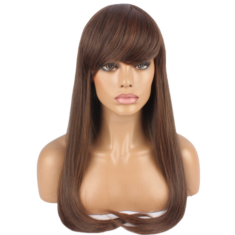Long Straight Synthetic Wig for Women Light Brown with Full Bangs HeatResistant Fiber