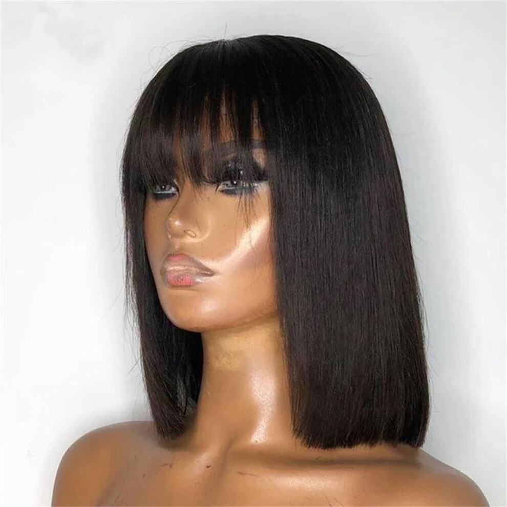 Short Bob Human Hair Wig with Bangs, 14 Inch Black Glueless Remy Hair for Women, Natural Silky Texture