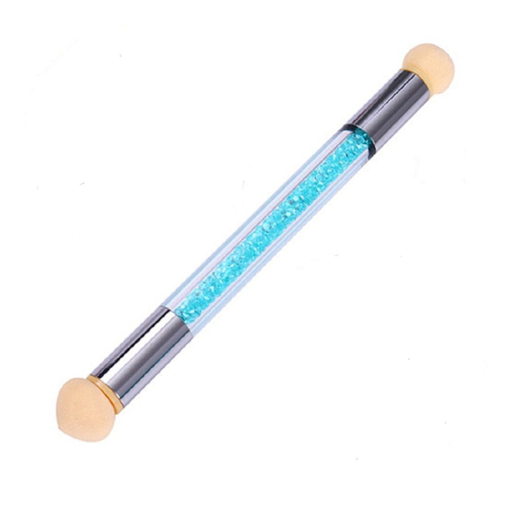 Blue Double Ended Nail Art Brush With Ombre Sponge, Gradient Shading Gel Uv Tool, Rhinestone Handle